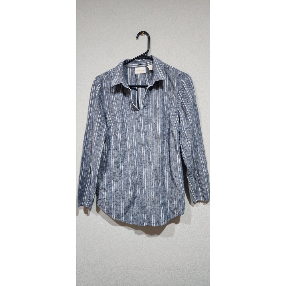 Chicos Linen Top Womens M Blue White Stripe V Neck Beachy Nautical Tunic